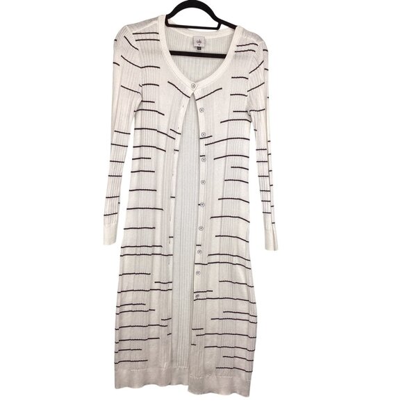 Cabi Long Sweater Size XS XSmall‎ Duster Cardigan Dashes Striped Long White - Picture 2 of 11
